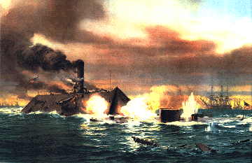 Computer generated image of the battle of the Monitor and Merrimack (C.S.S. Virginia)