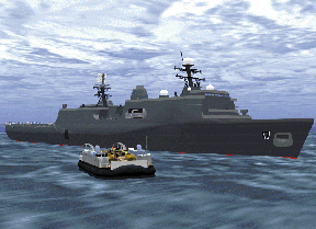 Computer generated image of LPD-17 with water and a landing craft added.