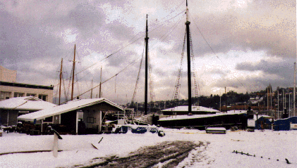 shipyard and ship covered with snow