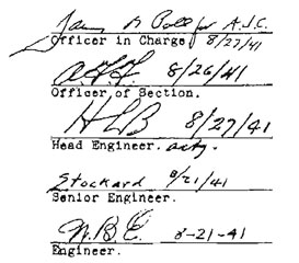 
Signitures all signed in August of 1941.
Officer in Charge
Officer of Section
Head Engineer
Engineer