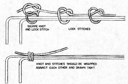 
Start with square knot and lock stitch
then two lock stitches,
knot and stitches should be wrapped against each other and drawn tight.