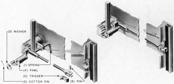 Fig. 35-Interlock trigger, assembly and exploded views,
Rotating Dog Rack and Pinion Type Door.