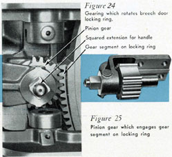 Figure 24 (left) - Gearing which rotates breech door locking ring.  Callouts show the Pinion Gear, Squared extension for handle and Gear segment on locking ring. To the right is figure 25 which shows the Pinion gear segment on locking ring.