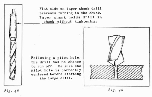 
Fig46, Flat side on taper shank drill prevent turning in chuck. Taper shank holds drill in check without tightening.

Fig 48, Follow a pilot hole, the drill has not chance to run off. Be sure the pilot hole is correctly centered before starting the large drill.