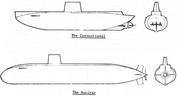 Conventional and nuclear subs showing one and two props