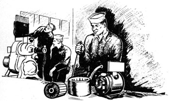 Drawing of sailor working on a motor.