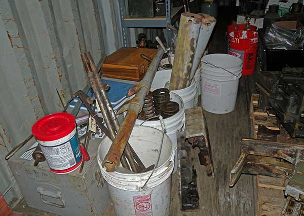 buckets of parts, tools and tool boxes