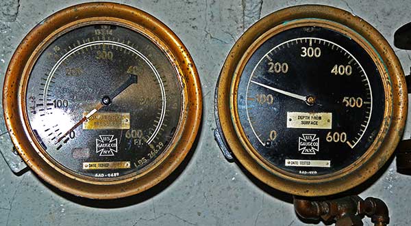 Photo of depth gauges from forward torpedo room escape trunk.