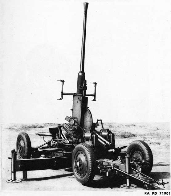 Figure 1-40-mm Automatic Gun MI (AA) and 40-mm Antiaircraft Gun Carriage M2A1-Firing Position-High Elevation