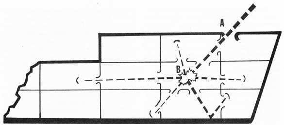 Figure 33-1. Example to illustrate the progressive nature of fragment damage incident to detonation of a bomb.