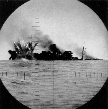 Photo of ship sinking seen through periscope.