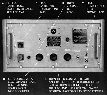 Photo of JP amplifier.
6-Unplug Cable From Magnetizer Jack. Replace Cap.
7-Plug Cable Into Hydrophone Jack.
8-Turn Volume To Zero.
9-Plug Headpphones Into Phone Jack.
10-Set Volume At A Comfortable Level For Listening, Water Noise Not Too High.
11-Turn Filter Control To 500 and Listen.  If Background Noise Is Low, Turn To Flat; If High, Turn to 3000. Search On Lowest Position Background Noise Permits.