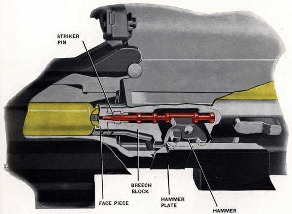 Breech bolt traveling forward with cartridge
Hammer holding striker pin to rear