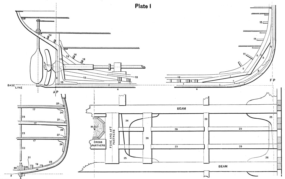 Plate 1, Drawing of ship's major timbers.