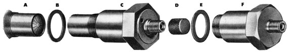 Figure 46A-Igniter, disassembled-(A) Lower end of igniter; (B) Washer; (C) Igniter assembled; (D) Cap, or protecting nut; (E) Washer; (F) Dummy igniter