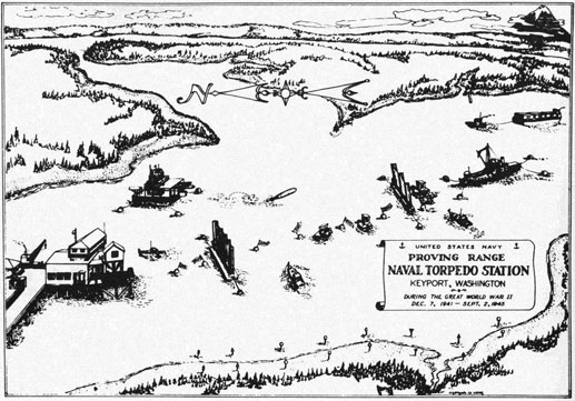 Illustration showing the Proving Range, Naval Torpedo Station, Keyport, Washington - During the Great World War II, Dec 7, 1941-Sep. 2, 1943
