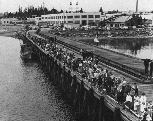 Visitors line the pier.