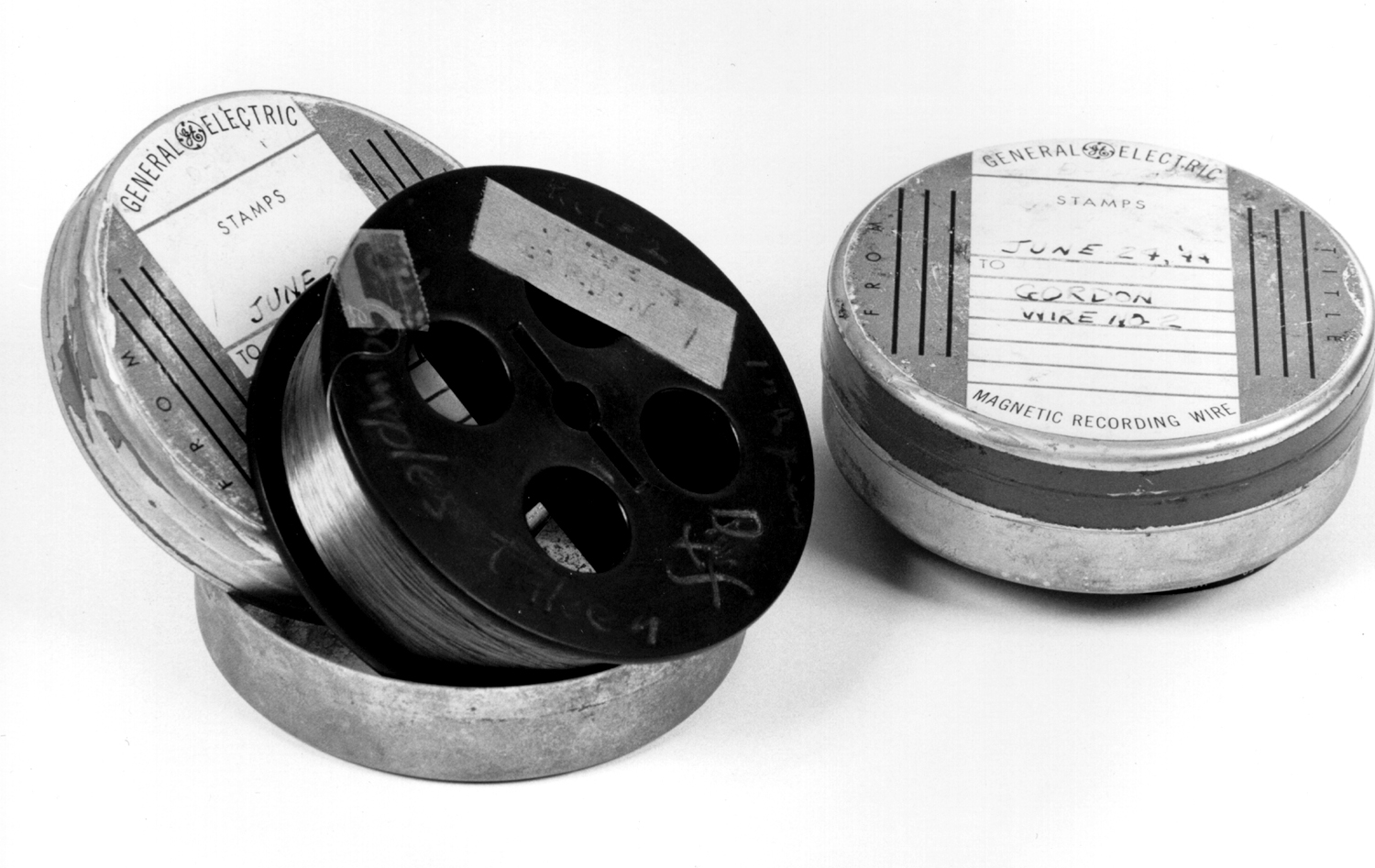 Spools of magnetic recording wire marked Gordon Wire #1 and #2