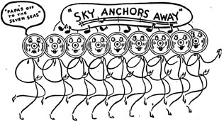 More stickfigure women with record heads.  The are singing 'Papas' off to the seven seas.  Sky Anchors Away