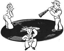 Drawing of a record with three sailors trying to figure out what to do.